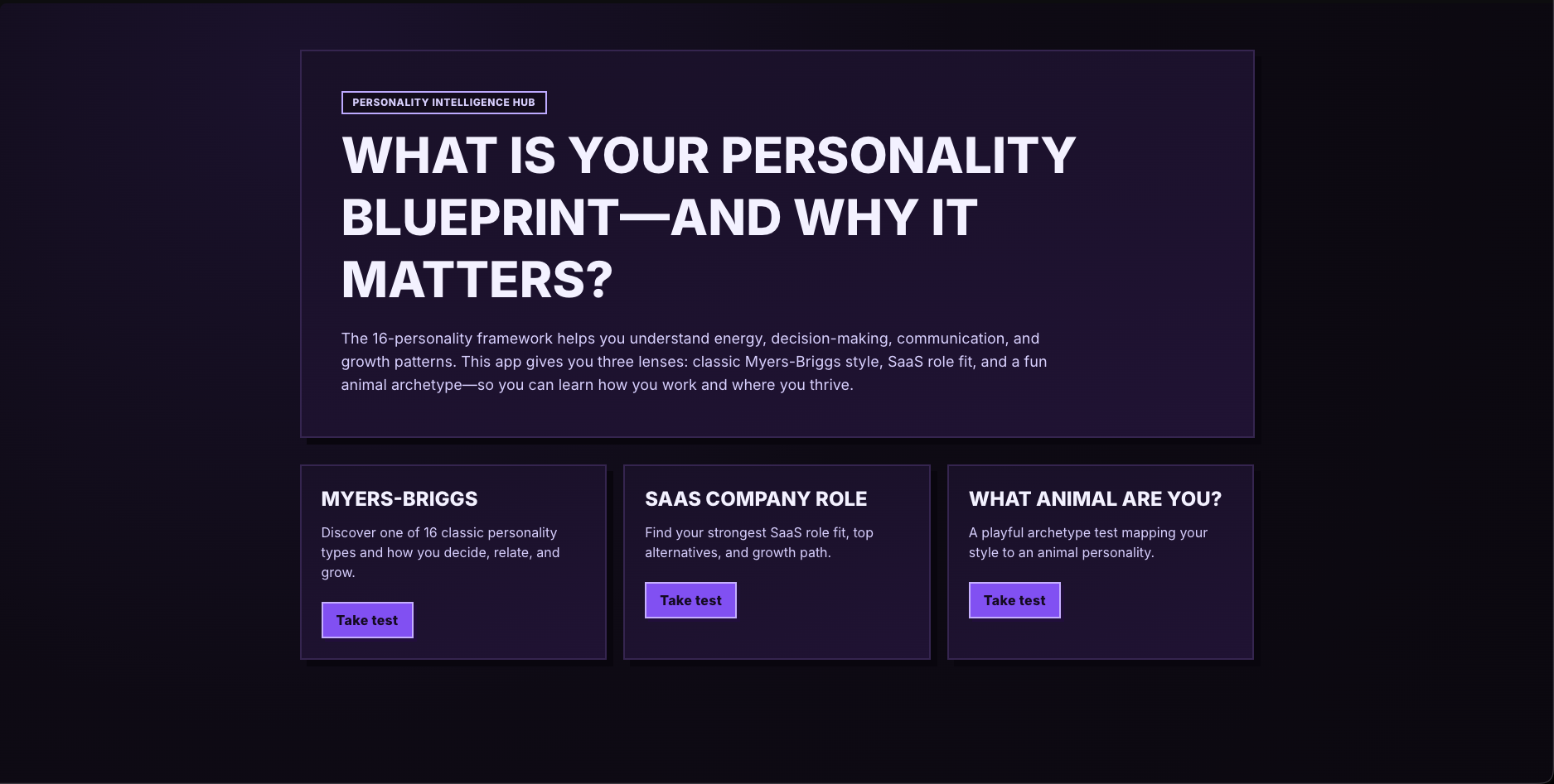 Personality Intelligence Platform: MBTI, SaaS Role Fit & Animal Archetype Assessments